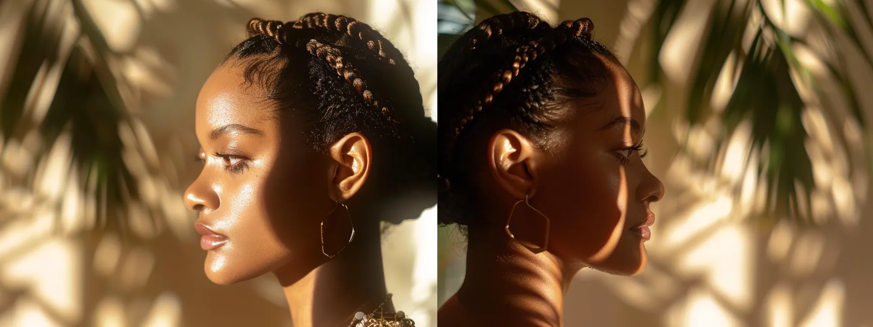 a woman with intricate braided hair in an elegant style.