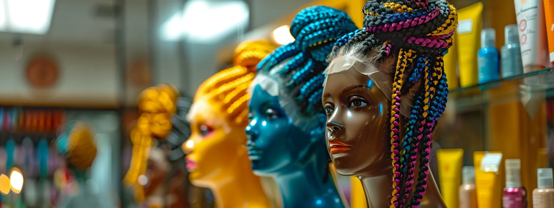 african hair braiding salon in round rock with colorful braiding options displayed on mannequin heads.